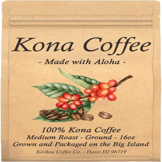 100% Kona Coffee - Ground - Medium Roast - 1 lb (16oz) - Farm Fresh - Grown and Packaged on the Big Island of Hawaii - Keokea Coffee Co.
