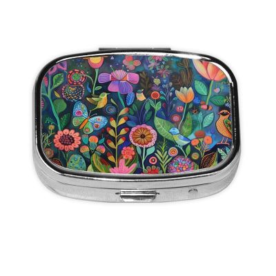 2-Compartment Mini Pill Case, Mysterious Flowers Retro Pocket-Sized Medicine Organizer for Travel