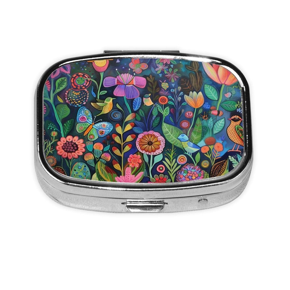 2-Compartment Mini Pill Case, Mysterious Flowers Retro Pocket-Sized Medicine Organizer for Travel