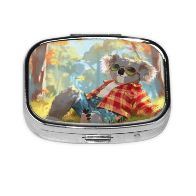 2-Compartment Mini Pill Case, Kangaroo Wearing Glasses Retro Pocket-Sized Medicine Organizer for Travel