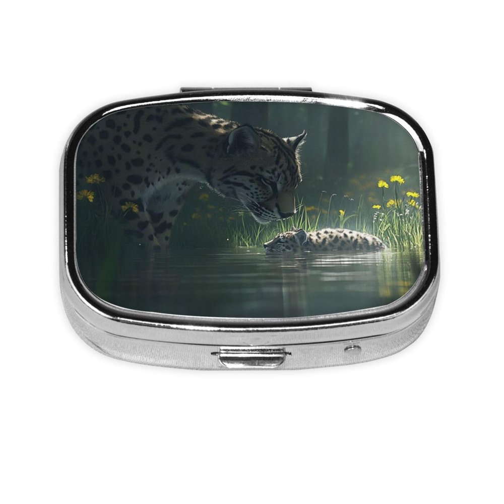 2-Compartment Mini Pill Case, African Leopards Retro Pocket-Sized Medicine Organizer for Travel