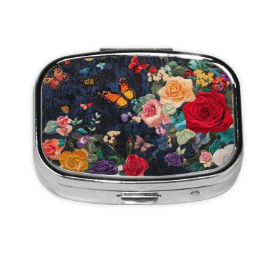 2-Compartment Mini Pill Case, Colorful Flowers in Clusters Retro Pocket-Sized Medicine Organizer for Travel