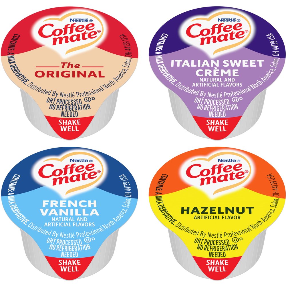 Nestle Coffee mate Liquid .375oz Variety Pack (4 Flavor) 100 Count includes Original, French Vanilla, Hazelnut, Italian Sweet Crme