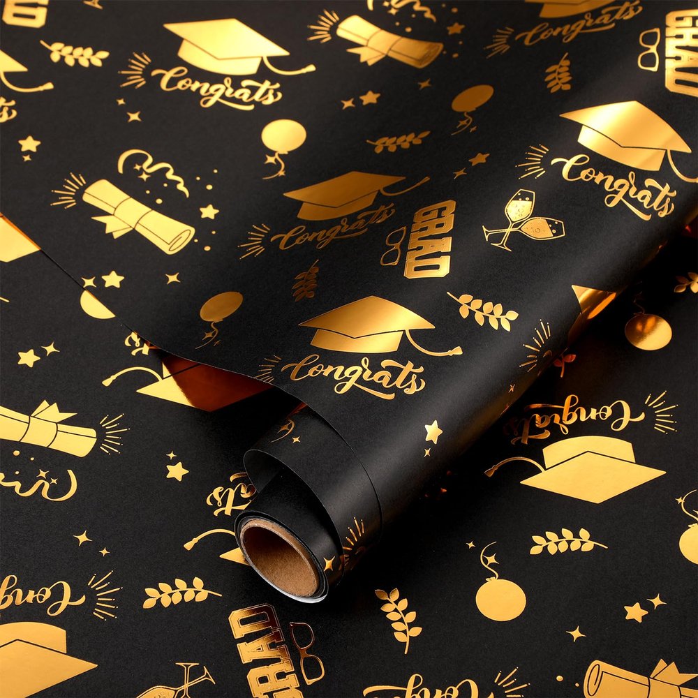 AmazingSpark 2026 Graduation Gift Wrapping Paper Roll 17 x 118 Inch 3D Embossing Gold Foil Grad Gift Wrap Graduation Wrapping Paper for Class College High School Ceremony Decor Party Supplies(Black)