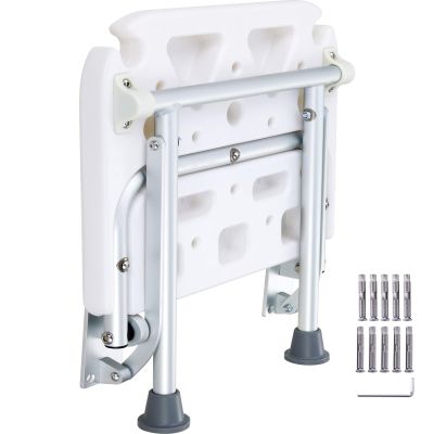 Happybuy Folding PE Shower Seat, 15.7'' x 14.8'' Unfolded, Wall Mounted Fold Up Shower Bench with 500 lbs Load Capacity, Space Saving Fold Down Shower Chair for Seniors Pregnant Women Children Adults