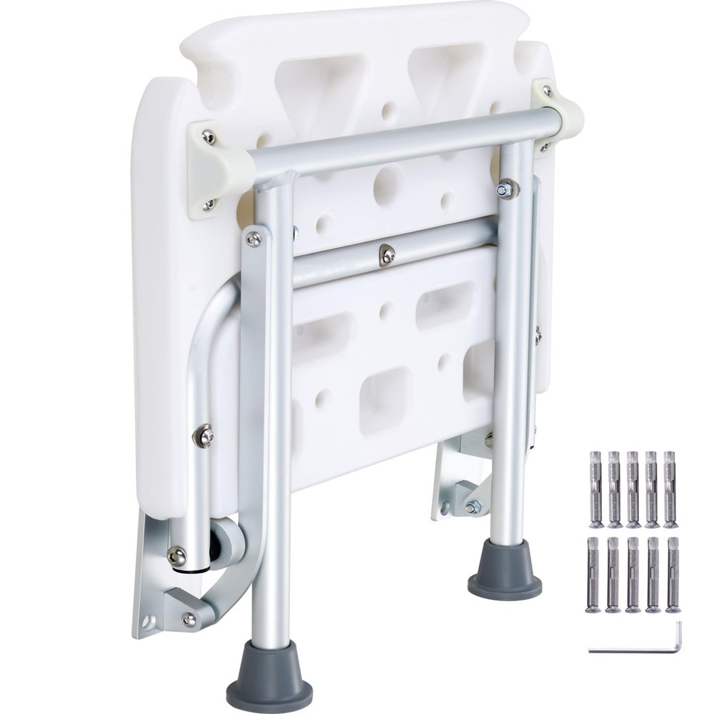 Happybuy Folding PE Shower Seat, 15.7'' x 14.8'' Unfolded, Wall Mounted Fold Up Shower Bench with 500 lbs Load Capacity, Space Saving Fold Down Shower Chair for Seniors Pregnant Women Children Adults