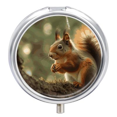 Wildlife Forest Squirrel Round Pill Box Travel Portable Pill Case 23 Compartment Medicine Metal Tablet Vitamin Holder Organizer for Purse Pocket