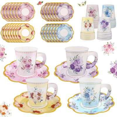 24 Sets Disposable Paper Tea Cups 7 OZ Floral Tea Party Cups with Handle and Plates Teacups and Saucer Sets for Garden Party Baby Bridal Shower Birthday(Watercolor Style)