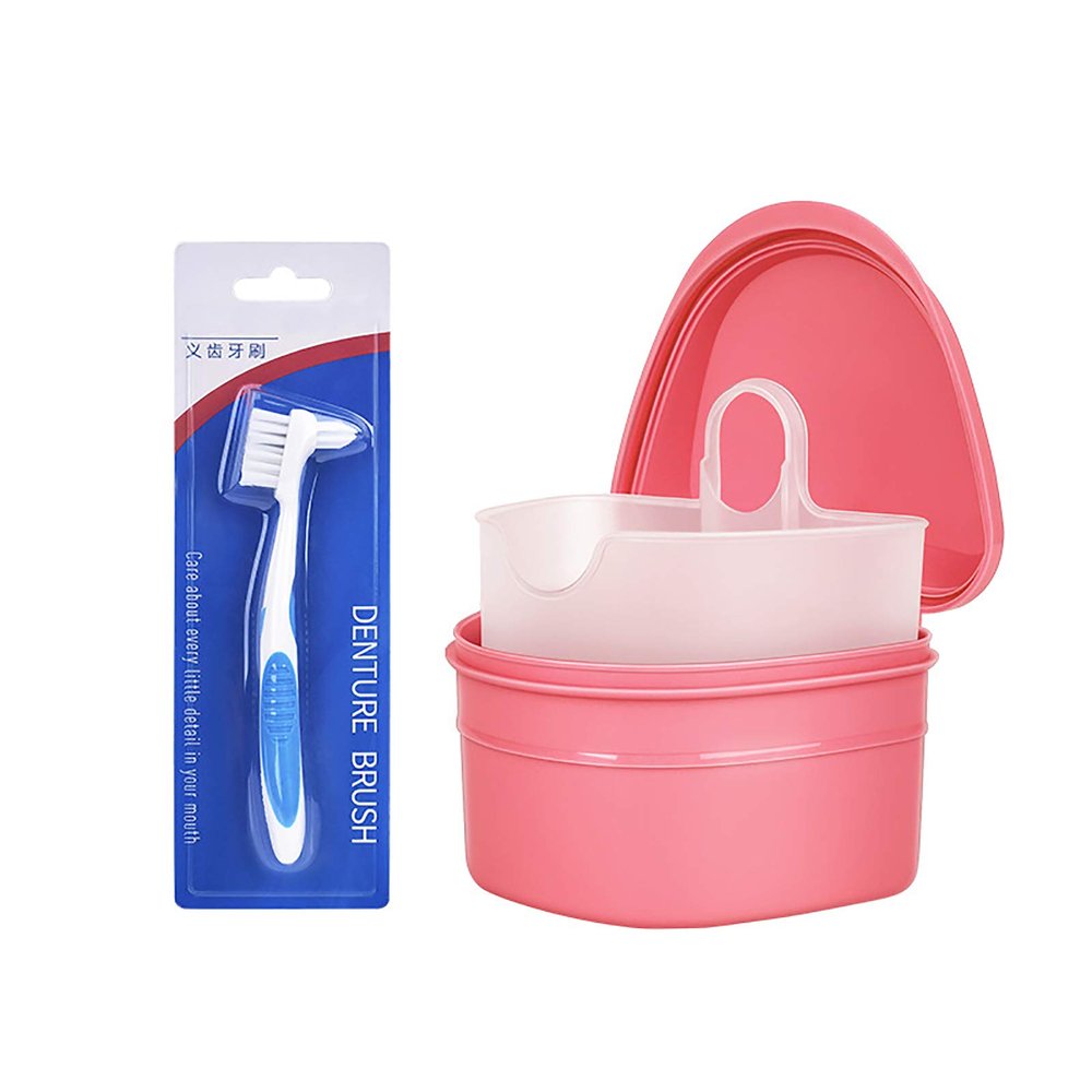 LOUYENOUS Denture Bath Box Cup and Toothbrush with Strainer Basket, False Teeth Storage Box Holder, Retainer Cleaning Box /300(Pink)