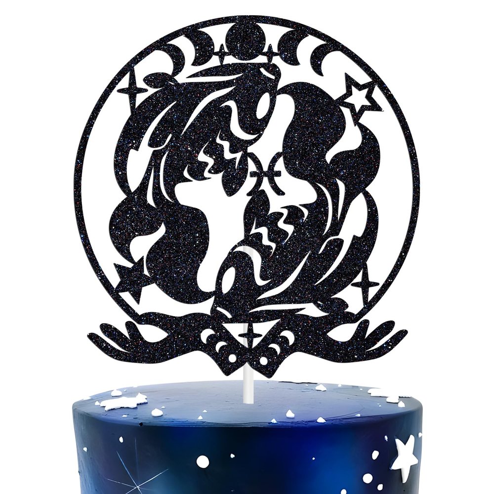 Pisces Cake Topper, Happy Birthday Pisces/Pisces Season, Big Pisces Energy, 12 Zodiac Constellation Theme Birthday Party Decoration Supplies, Black Glitter