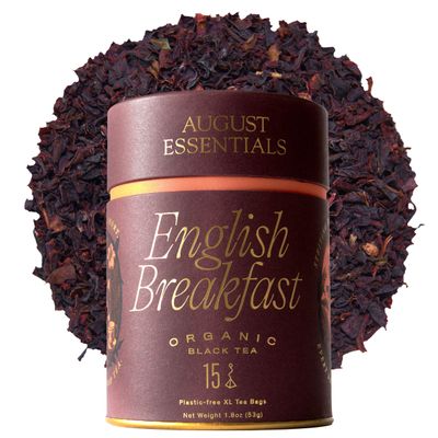 August Essentials English Breakfast Handcrafted Organic Black Tea for Daily Enjoyment Full-Bodied Flavor & Bittersweet Cocoa Notes in a 15 Tea Bag Packaging (1.8oz)