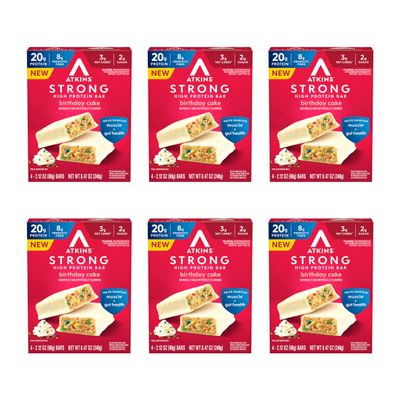 Atkins Strong Birthday Cake High Protein Bars, 20g Protein, 2g Sugar, 4 Count (Pack of 6)
