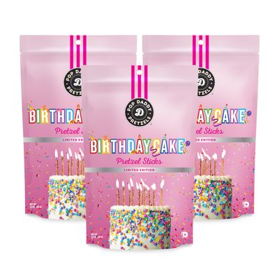 Pop Daddy Pretzels Sticks, Gourmet Flavored Pretzels Snacks, 7.5oz Individual Bags, 3 Pack, Birthday Cake