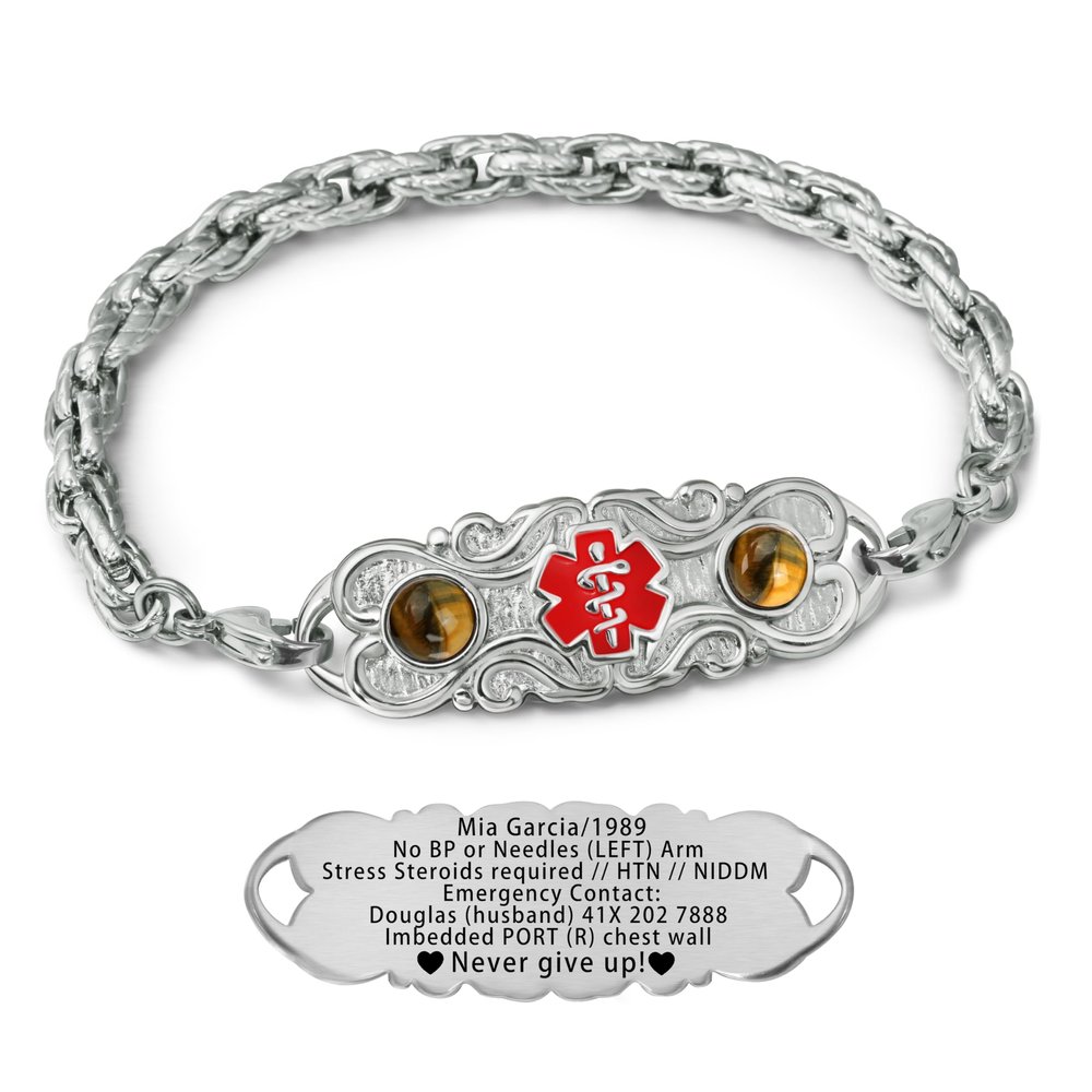ASTERY Custom Medical Alert Bracelets for Women with Free Engraving,Personalized Women's Waterproof Identification ID Bracelet with Natural Stone