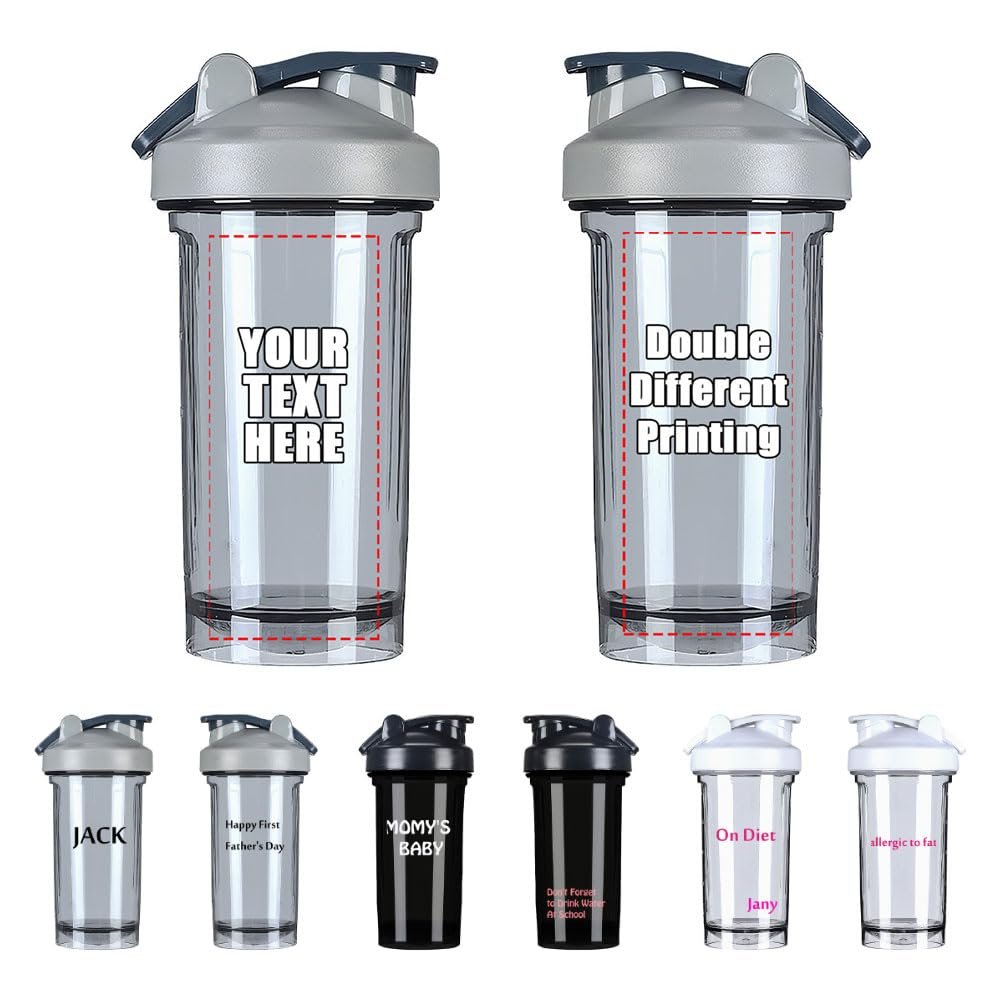 APZNBYR Customized Plastic Shaker Bottles Heat-resistant Thickened Bottom, Custom Protein Shaker Cup for Sports Fitness Gym, Customizable Shaker Bottles for Protein Mixes Transparent Design, Gray