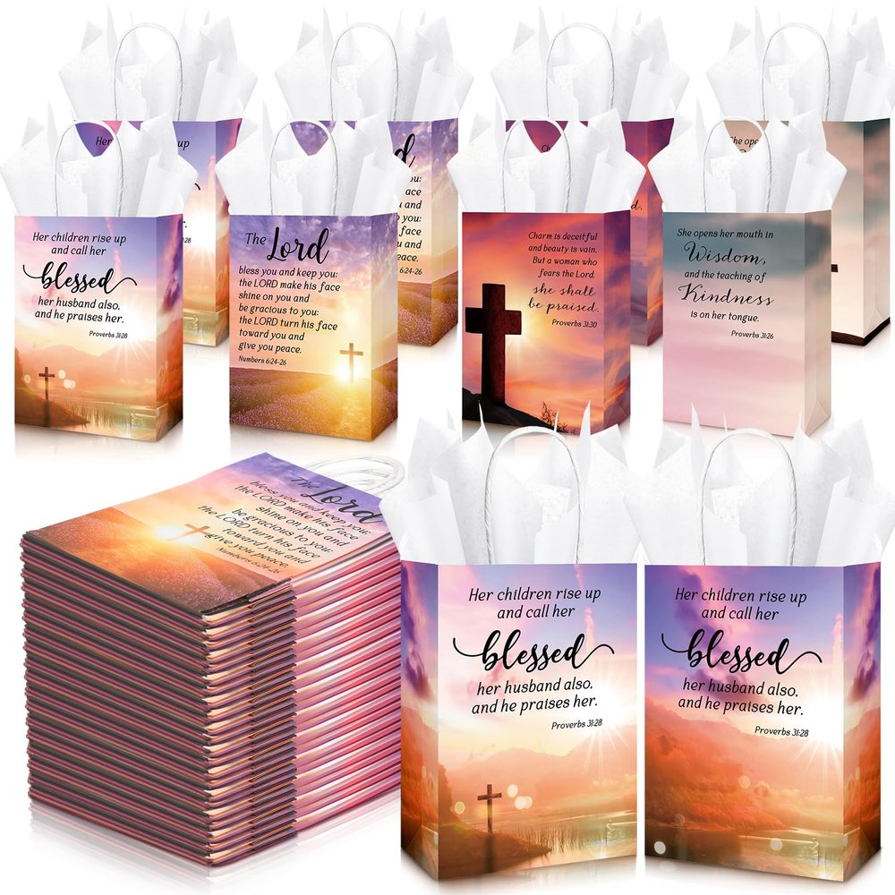 Moinchore 100 Sets Christian Mothers Day Gifts Bags Bulk with Tissue Religious Bible Verse Church Baptism Paper Gifts Bags for Women Mom with Handle for Church Welcome Visitors, 4 Styles
