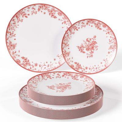 Trendables Disposable Plates For Party Supplies | Pink Floral Plastic Plates For Wedding 40 Pcs - 20 X 8 & 20 X 10 Dinner Plate Sets | Floral Plate Set Disposable Plastic Dinnerware Sets