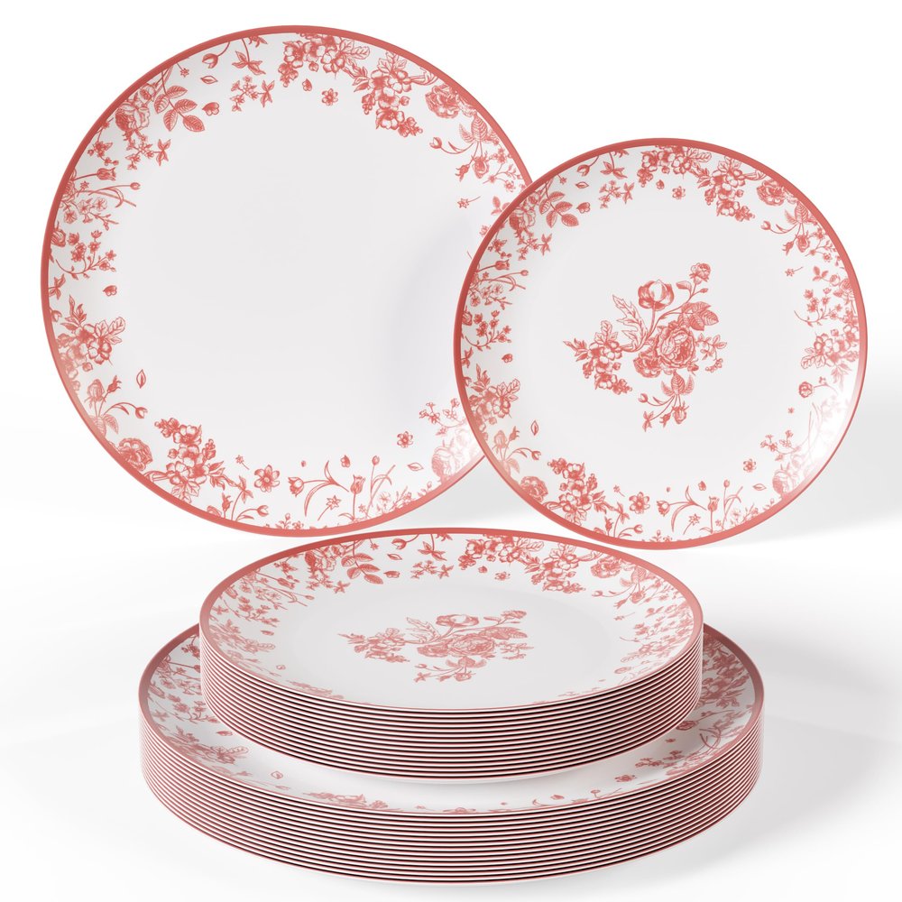 Trendables Disposable Plates For Party Supplies | Pink Floral Plastic Plates For Wedding 40 Pcs - 20 X 8 & 20 X 10 Dinner Plate Sets | Floral Plate Set Disposable Plastic Dinnerware Sets