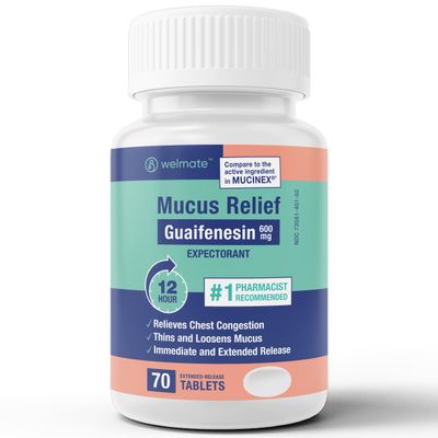 WELMATE - Guaifenesin 600mg (70 Tablets) - Mucus Relief - Expectorant, Thins Mucus - Cough & Cold - 12 Hr Support - Fast Acting - Extended-Release Bi-Layer Tablets - Over-The-Counter Medication