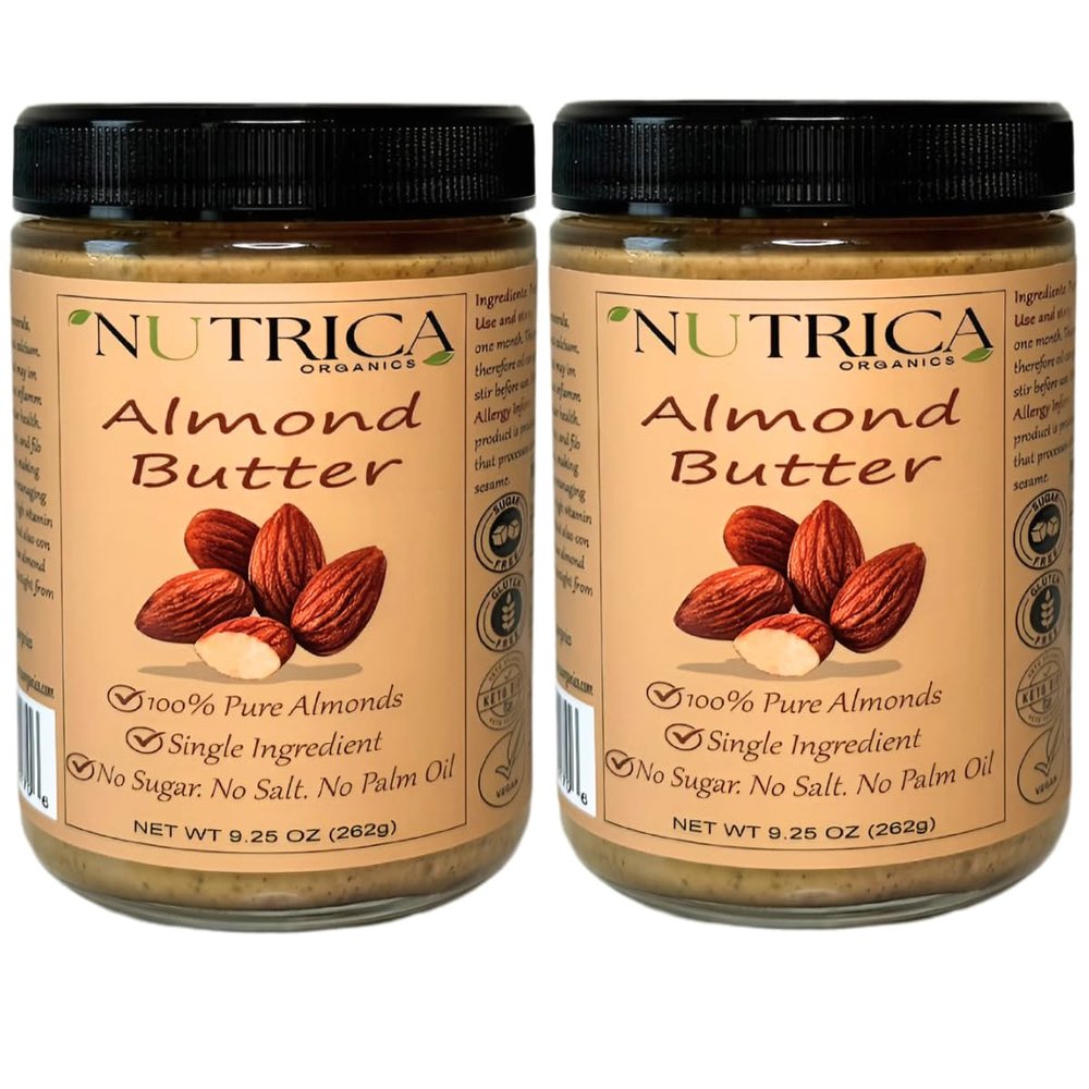 100% Pure Almond Butter, Single Ingredient, No Salt, No Sugar, No Palm Oil, Double Sealed Jar, No Additives, Vegan, Plant Based Protein, Premium Roasted Almonds 18.5 Ounce (525gr)