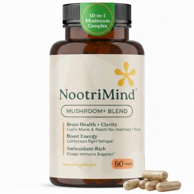 nootrimind Mushroom+ Blend 10-Mushroom Complex Capsules | Lions Mane, Reishi, Cordyceps & Chaga | Focus + Clarity, Energy & Immune Support | Vegan, Non-GMO | 60 Capsules