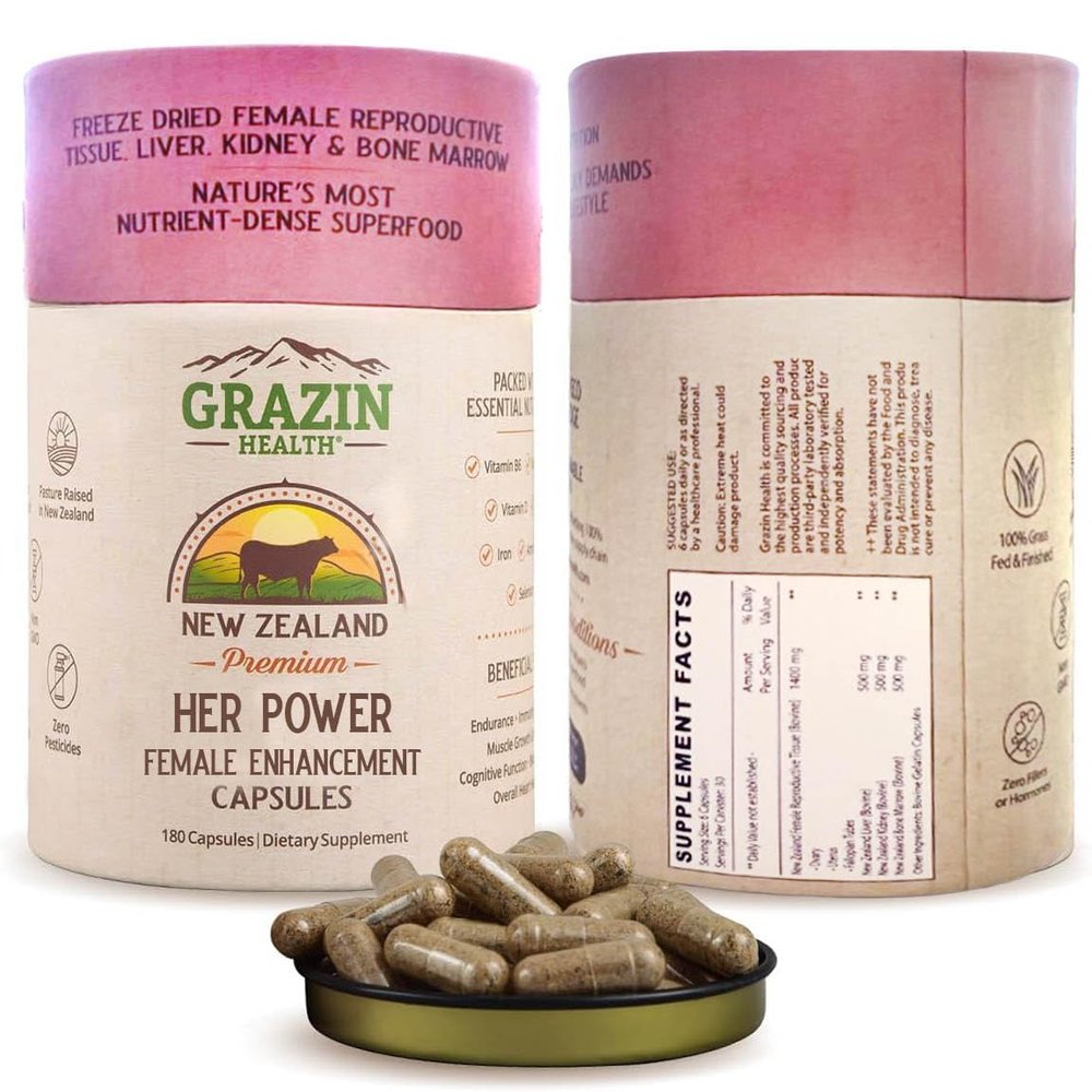 GRAZIN HEALTH - Her Power Female Enhancement Capsules 2900mg Per Serving (180 Count) | Freeze-Dried Female Reproductive Tissue, Liver, Kidney & Bone Marrow | 100% Grass-Fed New Zealand Sourced