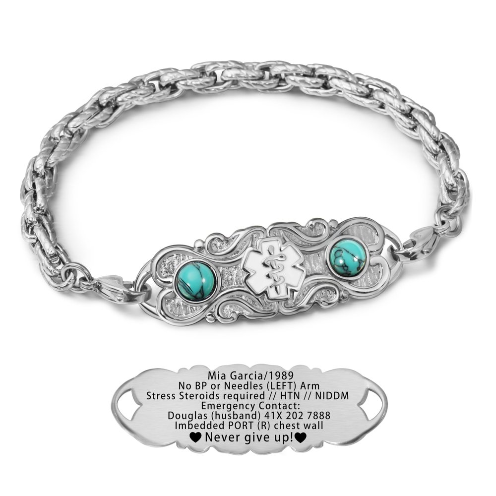 ASTERY Custom Medical Alert Bracelets for Women with Free Engraving,Personalized Emergency Identification ID Bracelet with Natural Stone