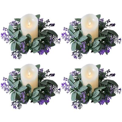 4 Pcs Artificial Lavender Candle Rings Eucalyptus Leaves Wreaths Small Boho Wreath Pillar Candle Holder for Spring Easter Wedding Home Door Tabletop Decoration (Purple)