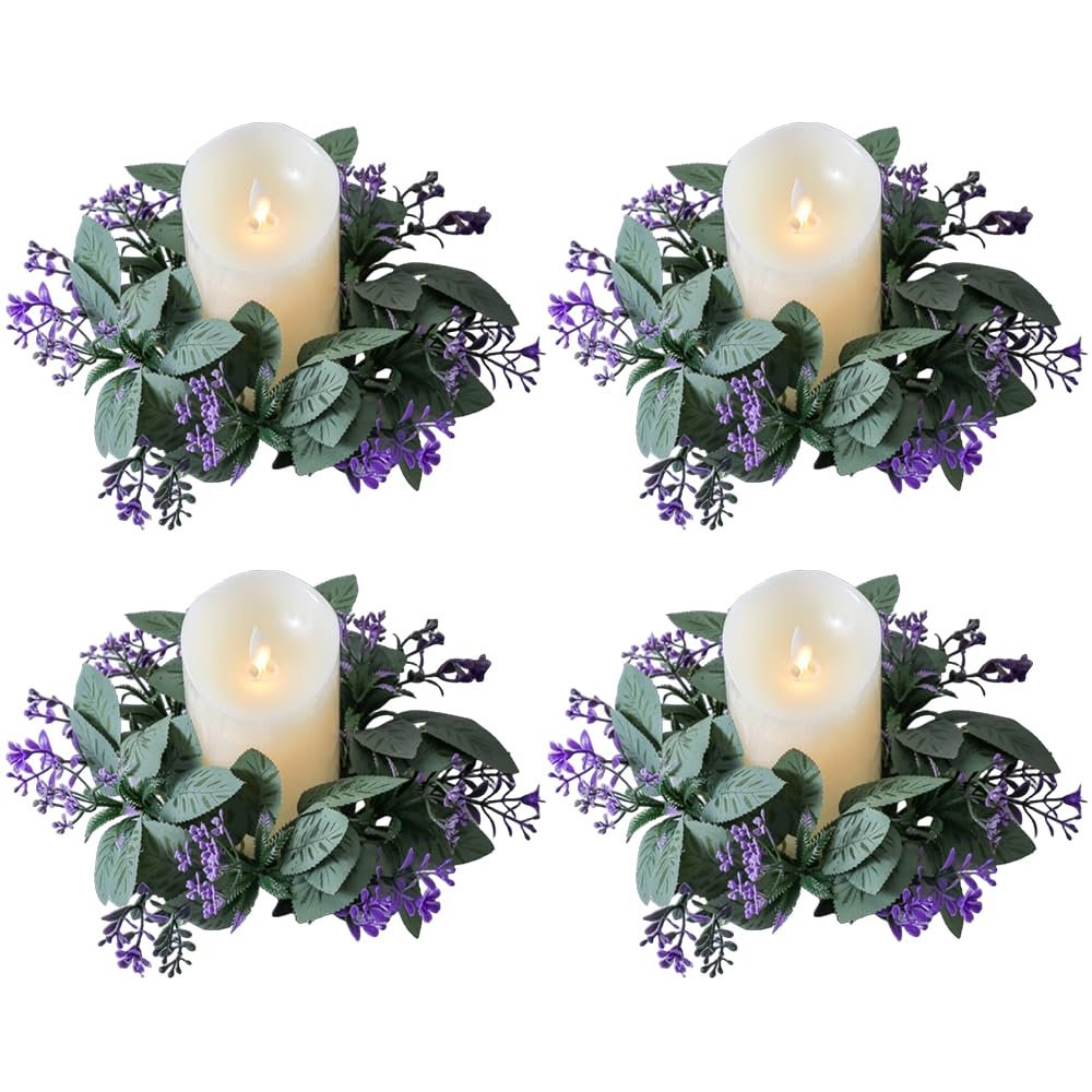 4 Pcs Artificial Lavender Candle Rings Eucalyptus Leaves Wreaths Small Boho Wreath Pillar Candle Holder for Spring Easter Wedding Home Door Tabletop Decoration (Purple)