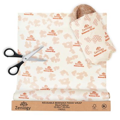 Beeswax Wrap Roll 13" x 55" Zenlogy Reusable Beeswax Food Wrap, Cut to Size, Organic Cotton & Natural Beeswax, Washable Plastic Free Food Storage