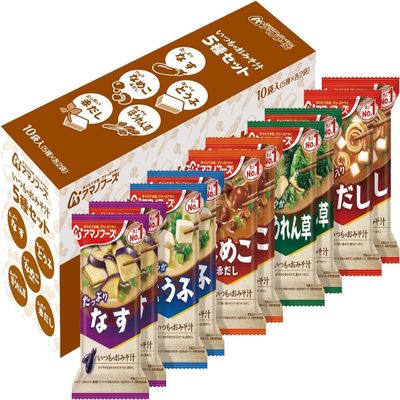 Amano Foods Freeze-Dried Miso Soup Variety Set - 5 Flavors, 10 Servings "Eggplant", "Tofu", "Nameko mushrooms", "Red miso soup", "Spinach"