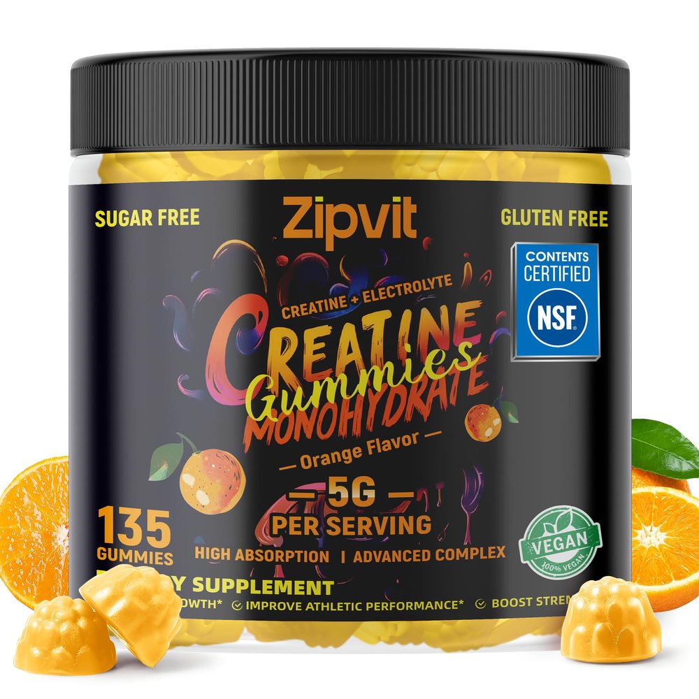 zipvit Creatine Monohydrate Gummies (5g) Pre-Workout Energy & Muscle Growth Support for Men & Women | Orange Electrolyte Gummies (135 Count)