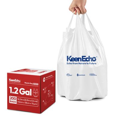 KeenEcho Small Trash Bags with Handles - Ocean Plastic Upcycling - Plastic Garbage Bags, Can Bin & Waste Basket Liner for Kitchen, Bathroom, Office and Pets,1.2 Gallon 200 Count White