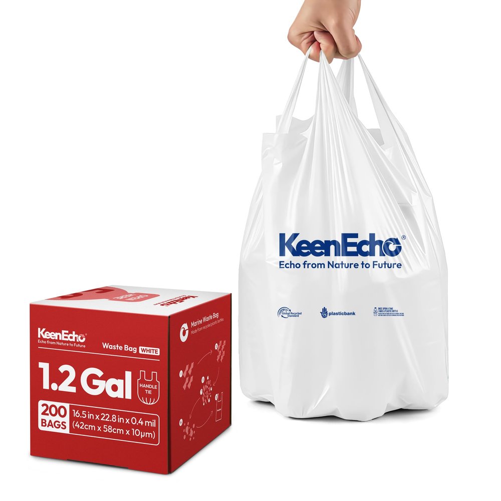 KeenEcho Small Trash Bags with Handles - Ocean Plastic Upcycling - Plastic Garbage Bags, Can Bin & Waste Basket Liner for Kitchen, Bathroom, Office and Pets,1.2 Gallon 200 Count White