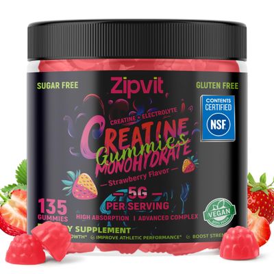 zipvit Creatine Monohydrate Gummies (5g) Pre-Workout Energy & Muscle Growth Support for Men & Women | Strawberry Electrolyte Gummies (135 Count)