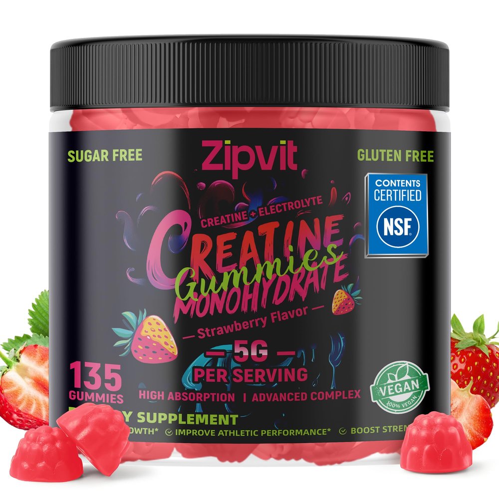 zipvit Creatine Monohydrate Gummies (5g) Pre-Workout Energy & Muscle Growth Support for Men & Women | Strawberry Electrolyte Gummies (135 Count)