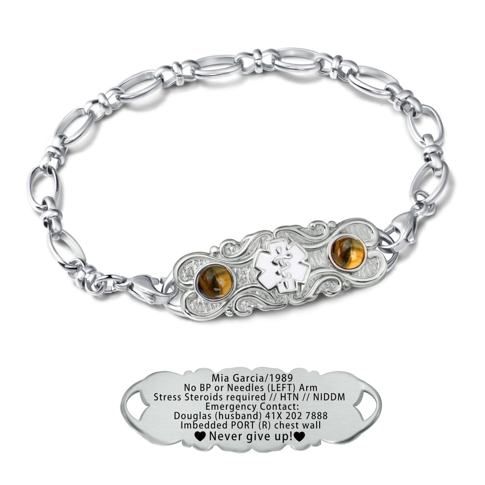ASTERY Custom Medical Alert Bracelet for Women with Free Engraving,Personalized Women's Identification ID Bracelet Medical Jewelry (Silver Bracelet with Tiger's Eye, 8.5 Inches)