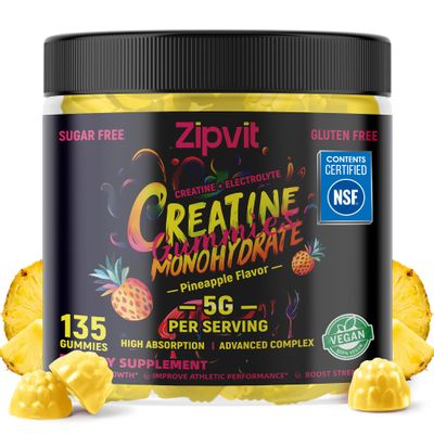 zipvit Creatine Monohydrate Gummies (5g) Pre-Workout Energy & Muscle Growth Support for Men & Women | Pineapple Electrolyte Gummies (135 Count)