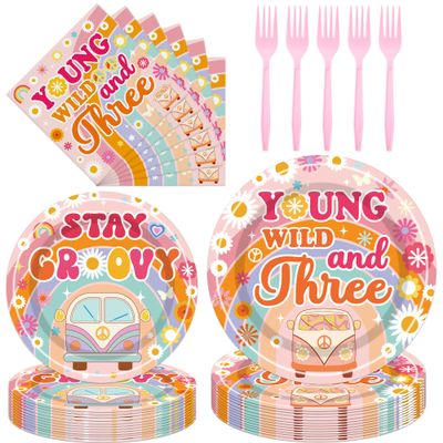 VorkiVecKi Third Birthday Party Decorations - 24 Pcs Young Wild and Three Pink Plate Napkins Set for Girls 3rd Cute Disposable Tableware Supplies for Kids Boho Groovy Paper Dinnerware Serves Decor