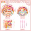 VorkiVecKi Third Birthday Party Decorations - 24 Pcs Young Wild and Three Pink Plate Napkins Set for Girls 3rd Cute Disposable Tableware Supplies for Kids Boho Groovy Paper Dinnerware Serves Decor view 2