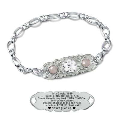 ASTERY Custom Medical Alert Bracelet for Women with Free Engraving,Personalized Women's Identification ID Bracelet Medical Jewelry (Silver Bracelet with Rose Quartz, 8.0 Inches)