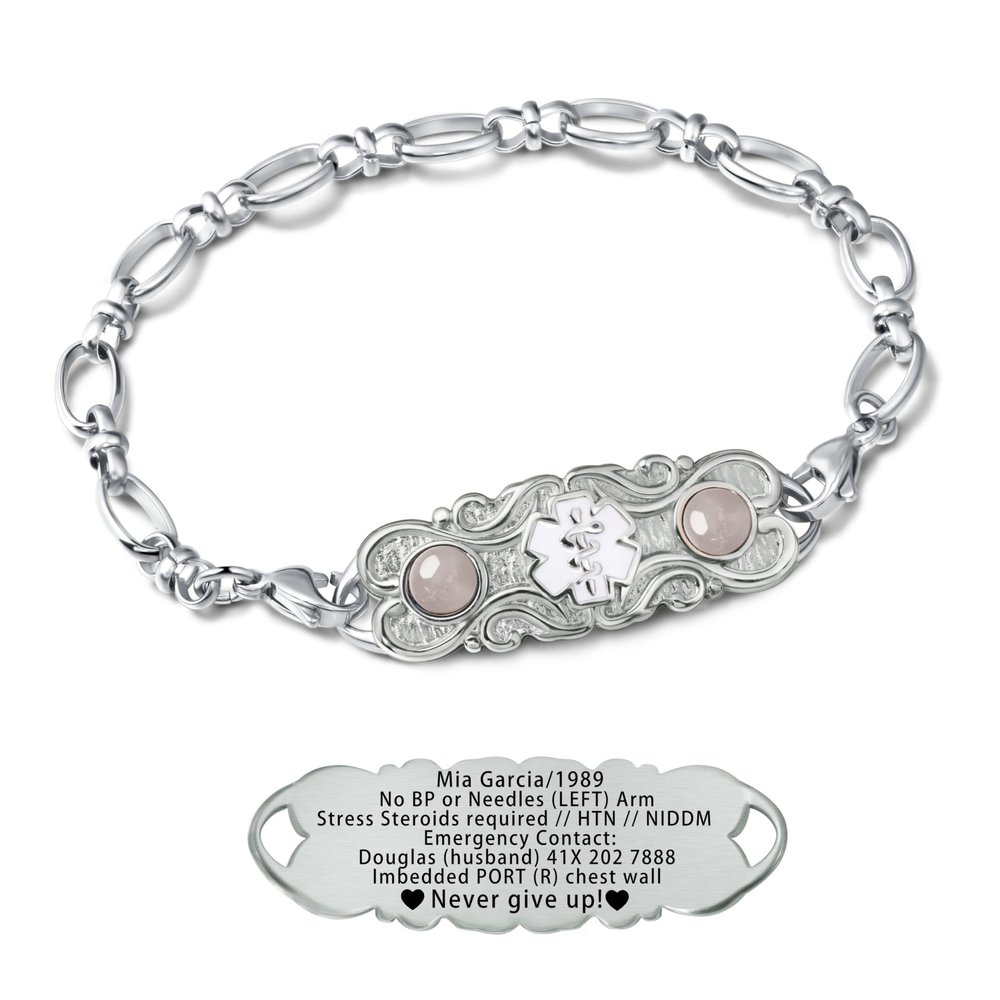 ASTERY Custom Medical Alert Bracelet for Women with Free Engraving,Personalized Women's Identification ID Bracelet Medical Jewelry (Silver Bracelet with Rose Quartz, 8.0 Inches)