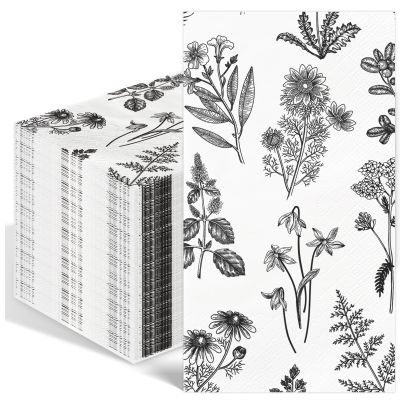 100PCS Black Floral Paper Napkins 3 Ply Disposable Hand Towels for Bathroom Vintage Wildflower Guest Napkins Black and White Wild Flower Dinner Napkins for Wedding Birthday Spring Summer Party