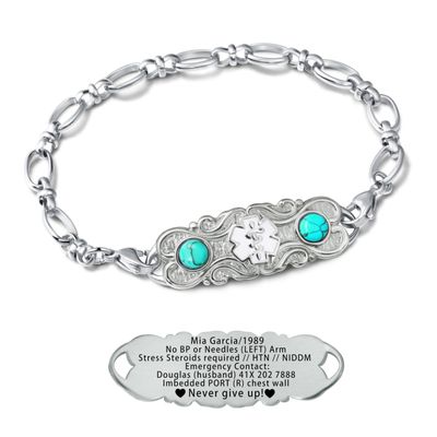 ASTERY Custom Medical Alert Bracelet for Women with Free Engraving,Personalized Women's Identification ID Bracelet Medical Jewelry (Silver Bracelet with Turquoise, 7.5 Inches)
