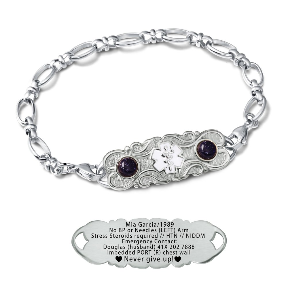 ASTERY Custom Medical Alert Bracelet for Women with Free Engraving,Personalized Women's Identification ID Bracelet Medical Jewelry (Silver Bracelet with Blue Sandstone, 6.5 Inches)