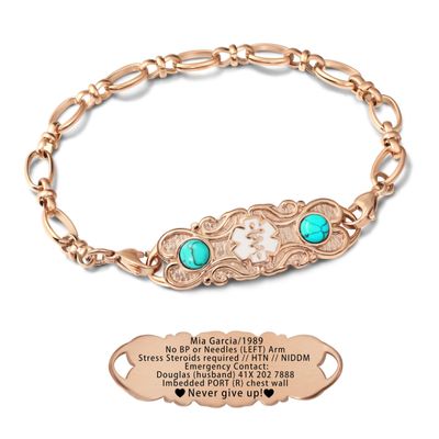 ASTERY Custom Medical Alert Bracelet for Women with Free Engraving,Personalized Women's Identification ID Bracelet Medical Jewelry (Rose Golden Bracelet with Turquoise, 9.0 Inches)
