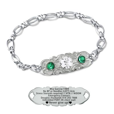 ASTERY Custom Medical Alert Bracelet for Women with Free Engraving,Personalized Women's Identification ID Bracelet Medical Jewelry (Silver Bracelet with Malachite, 6.0 Inches)
