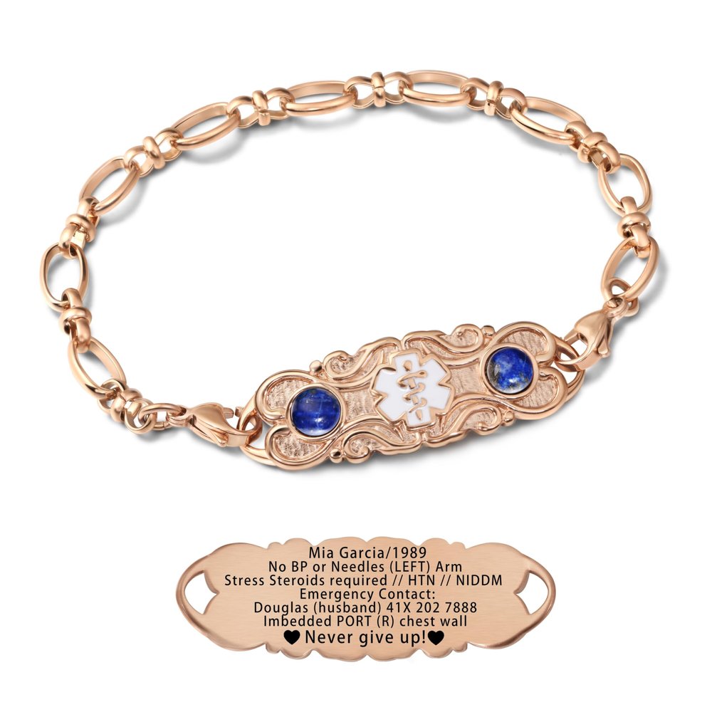 ASTERY Custom Medical Alert Bracelet for Women with Free Engraving,Personalized Women's Identification ID Bracelet Medical Jewelry (Rose Golden Bracelet with Lapis Lazuli, 8.0 Inches)