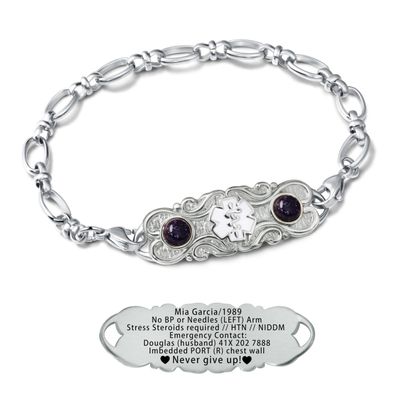 ASTERY Custom Medical Alert Bracelet for Women with Free Engraving,Personalized Women's Identification ID Bracelet Medical Jewelry (Silver Bracelet with Blue Sandstone, 8.5 Inches)