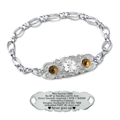 ASTERY Custom Medical Alert Bracelet for Women with Free Engraving,Personalized Women's Identification ID Bracelet Medical Jewelry (Silver Bracelet with Tiger's Eye, 8.0 Inches)